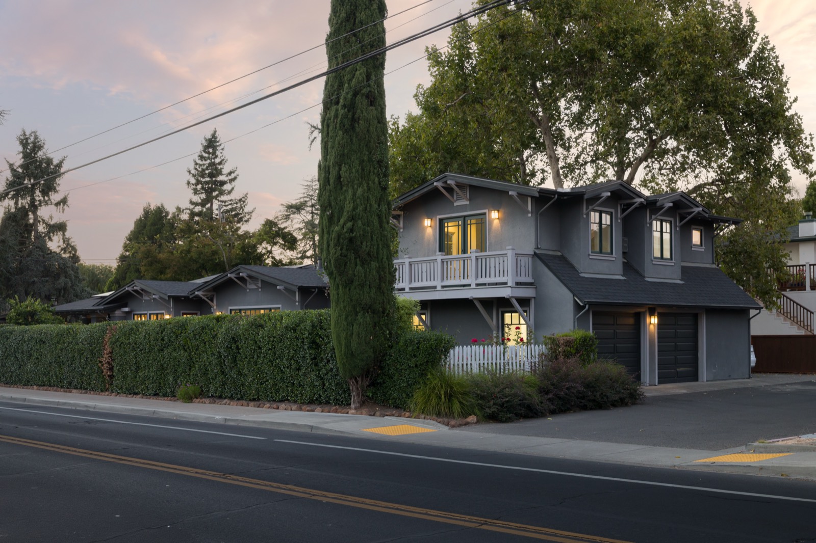 Garage and private retreat at dusk
